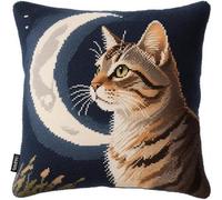AxiangziK animal Coussin à Broder au Point de Croix,Chat et Lune,Kit Broderie à La Main Décoration Point de Croix Complet Broderie Pré-imprimé DIY,45x45cm