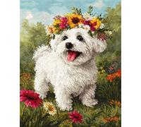 AxiangziK Animal Diy Kit Crochet Debutant Complet Chien Blanc Et Fleurs Kits De Fabrication De Tapis Diy Pour Débutants，Ensemble De Tapisserie，Coussin À Broder，Paillasson，Cadeau 21x29in