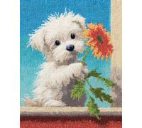 AxiangziK Animal Diy Kit Crochet Debutant Complet Tapis Chien Blanc Et Fleurs Kits De Crochets Pour Tapis，Bricolage Pours Famille Et Amis，Broderie，Point De Croix，Loisirs Créatifs，Cadeaux 20x15in