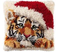 AxiangziK animal DIY Kit de crochet à loquet,Bébé tigre portant un chapeau de Père Noël,taie d'oreiller pré-imprimé,fils au crochet,coussin tricoté pour la maison,le canapé,43x43cm