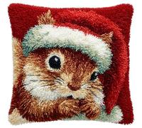 AxiangziK animal DIY Kit D'Oreiller À Crochet À Loquet,Écureuil portant un chapeau de Père Noël,Kits De Crochets À Loquet De Bricolage Pour Housses De Coussins Cadeau,43x43cm