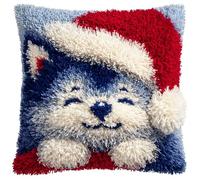 AxiangziK animal DIY Loquet Crochet Kit Complet Housse de Coussin,Petit loup portant un chapeau de Père Noël,Kits de Crochet pour Débutants Adultes ou Enfants,Artisanat Créatif,43x43cm