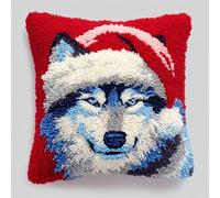 AxiangziK animal Loquet Crochet Coussin Kits,Petit loup portant un chapeau de Père Noël,Kit Crochet DIY Coussin Couvre Avec Loquet Crochet Outil Adapté Pour Enfants Et Adultes,43x43cm