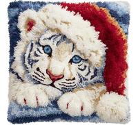 AxiangziK animal Loquet DIY Kits Tapis,Tigre blanc portant un chapeau de Père Noël,Kits De Crochet De Verrouillage Coussin Broderie Créative Cadeau pour Les Enfants/Adultes Débutants,43x43cm