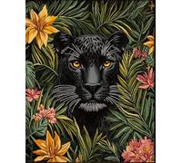AxiangziK animal panthère noire Kit de point de croix Bricolage,Feuilles de fleurs tropicales,kit de démarrage de broderie pré -imprimée canevas kit complet adulte ou enfants,40x50cm