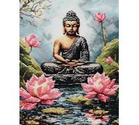 AxiangziK beau lotus Broderie Point de Croix Canevas Kits 11CT,Statue de Bouddha,Adulte Debutant Pré Imprimé Point de Croix Kit Complet DIY Décoration d'intérieur,40x50cm