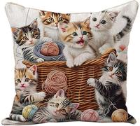 AxiangziK Broderie Point De Croix Kit Complet Coussin Pré Imprimé,Chats jouant avec des fils,Canevas Broderie Point de Croix Kit 11CT Cross Stitch Loisirs Créatifs Set,45x45cm