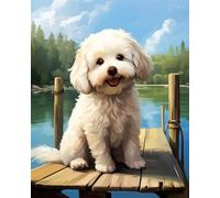 AxiangziK Canevas Broderie Point de Croix Kit Complet Adulte Debutant,Chien Bichon Frise assis sur un bateau en bois,Compté Pré Imprimé 11CT Cross Stitch Loisirs Créatifs Set,40x50cm