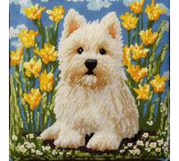 AxiangziK Chien animal Kit De Crochet À Loquet Coussin,Chien blanc parmi les jonquilles,Kit de crochet de loquet,taie d'oreiller avec motif pré-imprimé pour la maison Noël,43x43cm