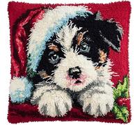 AxiangziK Chien animal Latch Hook Pillow Case Embroidery Kits,Chien de berger portant un chapeau de Père Noël,DIY Latch Hook Cushion Cover Kits for Kids & Adults Beginners,Sofa Cushion Cover,17x17in