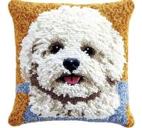 AxiangziK Chien animal Loquet Crochet Complet Housse de Coussin,Bichon frisé mignon,Kit Fabrication Taie d'oreiller Coussins Tapis,Motif coloré imprimé Fil prédécoupé,43x43cm
