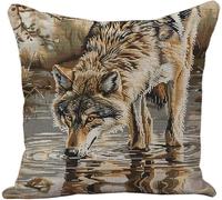 AxiangziK Coussin Point De Croix Kit Adulte,Loup buvant de l'eau de la rivière,Broderie Coussin Tapis,11CT Coussin Point de Croix Taie d'oreiller,DIY Kit Loisir Créatif,45x45cm