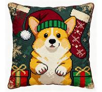 AxiangziK DIY Kit de crochet à loquet,Chien portant un chapeau de Père Noël,Kit de crochet à loquet pour oreiller,d'artisanat de coussin Taie d'oreiller,Décoration de Noël,43x43cm
