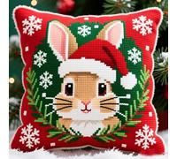 AxiangziK DIY Loquet Crochet Kit Complet Housse de Coussin,Lapin portant un chapeau de Père Noël,Kits de Crochet pour Débutants Adultes ou Enfants,Artisanat Créatif,43x43cm