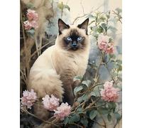 AxiangziK DIY Point de Croix Broderie Kit Chat siamois et fleurs,Canevas Broderie Point de Croix Kit Complet Adulte Debutant,40x50cm