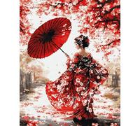 AxiangziK fleurs de cerisier japonais Kit Broderie Point de Croix Compté Pré Imprimé,femme en kimono rouge,Canevas Broderie Point de Croix Kit Complet Adulte Debutant,fil de coton 11CT,40x50cm