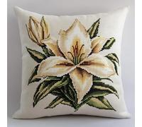 AxiangziK fleurs Kit Coussin Point de Croix,Lys blancs en fleurs,Coussin de Broderie avec Fil et Aiguille à Broder Point de Croix Broderie Pré-imprimé DIY pour Adulte,45x45cm