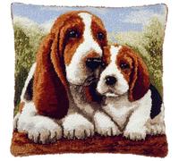 AxiangziK Kit Crochet de Verrouillage Tapis DIY Broderie,Mère Basset Hound et ses chiots,Kit de Coussin avec Crochet à Loquet Coussin au Point Noué,43x43cm