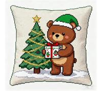 AxiangziK Kit de crochet de loquet,Sapin de Noël et ours brun,Kit de housse de coussin avec crochet à loquet Crochet pour Enfants Adultes Débutants,43x43cm