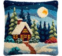 AxiangziK Latch Hook Cushion Kits for Adults,Maison de campagne de Noël,Latch Hook Pillow Case Kits Embroidery,DIY Needlework Pillow Cover Cushion Making,17x17in