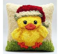 AxiangziK Latch Hook Cushion Kits for Adults,Petit canard portant un bonnet de Père Noël,Latch Hook Pillow Case Kits Embroidery,DIY Needlework Pillow Cover Cushion Making,17x17in