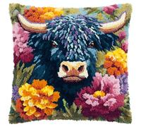 AxiangziK Latch Hook Cushion Kits for Adults,vaches des Highlands et fleurs,Latch Hook Pillow Case Kits Embroidery,DIY Needlework Pillow Cover Cushion Making,17x17in