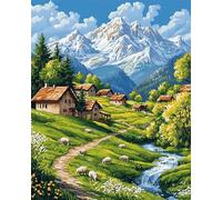 AxiangziK paysage Canevas Broderie Point de Croix Kit Complet Adulte Debutant,Moutons et cabane au pied de la montagne,Compté Pré Imprimé 11CT Cross Stitch Loisirs Créatifs Set,40x50cm