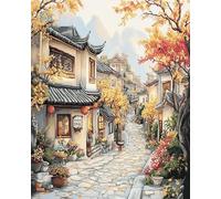 AxiangziK Paysage de style chinois Kit Broderie Point de Croix Compté Pré Imprimé Enfant Débutant Adulte,Rue de ville rétro,DIY Point de Croix Broderie Kit,40x50cm