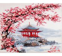 AxiangziK paysage japonais broderie point de croix kit complet,Branches de sakura,Kit de démarrage de broderie pré-imprimé pour adultes débutants pour décoration murale,40x50cm