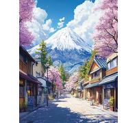 AxiangziK paysage japonais Kit Broderie Point de Croix Compté Pré Imprimé,Rues du village au pied du mont Fuji,Canevas Broderie Point de Croix Kit Complet Adulte Debutant,fil de coton 11CT,40x50cm