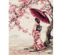 AxiangziK style japonais Kit Broderie Point de Croix Compté Pré Imprimé Enfant Débutant Adulte,femme sous un cerisier en fleurs,DIY Point de Croix Broderie Kit,40x50cm