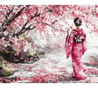 AxiangziK style japonais Point de Croix Kit Complet Estampé,fille tenant un parapluie sous le cerisier,Broderie Point de Croix Kit Complet Adulte Debutant,Easy Set Loisirs CréAtifs Broderie,40x50cm