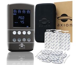 Axion appareil TENS EMS 4 canaux pour soulager la douleur par stimulation nerveuse électrique, entraînement musculaire, massage et rééducation du plancher pelvien. Batterie et 12 électrodes inclus