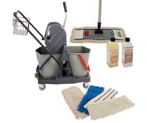 Axis Line Set de Nettoyage 10 Pièces - Balai 40 cm avec Chariot Double | Kit professionnel avec presse, 5 franges et 2 nettoyants pour sol. Idéal pour carrelage, parquet, stratifié et vinyle.