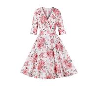 AXOE Femme Robe Année 40 50 60 Vintage Coton Manches 3/4 pour Cocktail Mariage Invité Blanc avec Fleurie, Taille 38, S