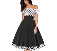 AXOE Femme Robe Années 50 Rockabilly Vintage Pin up Manches Courtes pour Ete Guinguette Blanc à Pois Noir, Taille 36, XS