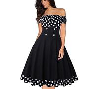 AXOE Femme Robe Années 50 Rockabilly Vintage Pin up Manches Courtes pour Ete Guinguette Noir et à Pois Blanc, Taille 46, XXL