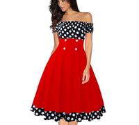 AXOE Femme Robe Années 50 Rockabilly Vintage Pin up Manches Courtes pour Ete Guinguette Rouge à Pois Blanc, Taille 36, XS