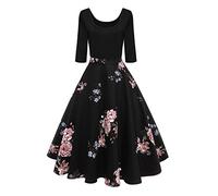 AXOE Femme Robe de Soirée Rockabilly Vintage Années 50's Imprimé Audrey Hepburn Manches 3/4 F04, Taille 42, L