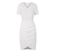 AXOE Femme Robe Etui Taille Cintrée V-Cou Court Mi-Genou Polyvalente Bureau Weekend en Tissu Stretch Léger Blanc, Taille 36, XS