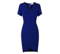AXOE Femme Robe Etui Taille Cintrée V-Cou Court Mi-Genou Polyvalente Bureau Weekend en Tissu Stretch Léger Bleu Marine, Taille 44, XL