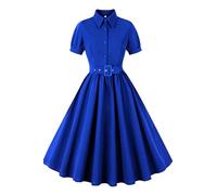 AXOE Femme Robe Rockabilly Années 50 Pin up A-Line avec Ceinture Boutonée Devant Fete Mariage Invitée Bleu Moyen, Taille 48, 3XL