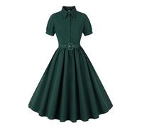 AXOE Femme Robe Rockabilly Années 50 Pin up A-Line avec Ceinture Boutonée Devant Fete Mariage Invitée Verte, Taille 50, 4XL