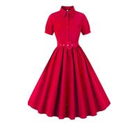 AXOE Femme Robe Rockabilly Années 50 Pin up A-Line avec Ceinture Boutonée Devant Fete Mariage Invitée Rouge, Taille 46, XXL