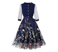 AXOE Femme Robe Tulle Brodée Vintage Années 50 60 Manche Longue pour Invitée Mariage Cocktail Anniversaire Bleu Marine, Taille 48, 3XL