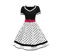 AXOE Femme Robe Vintage Année 50 Pin up Rockabilly Cocktail avec Ceinture Blanc et à Pois Noir, Taille 40, M