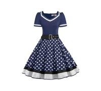 AXOE Femme Robe Vintage Année 50 Pin up Rockabilly Cocktail avec Ceinture Bleu Marine et à Pois Blanc, Taille 48, 3XL