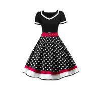 AXOE Femme Robe Vintage Année 50 Pin up Rockabilly Cocktail avec Ceinture Noir et à Pois Blanc, Taille 50, 4XL
