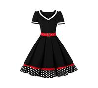 AXOE Femme Robe Vintage Année 50 Pin up Rockabilly Cocktail avec Ceinture Noir et Ourlet à Pois Blanc, Taille 44, XL