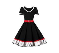 AXOE Femme Robe Vintage Année 50 Pin up Rockabilly Cocktail avec Ceinture Noir et Ourlet à Pois Noir, Taille 46, XXL